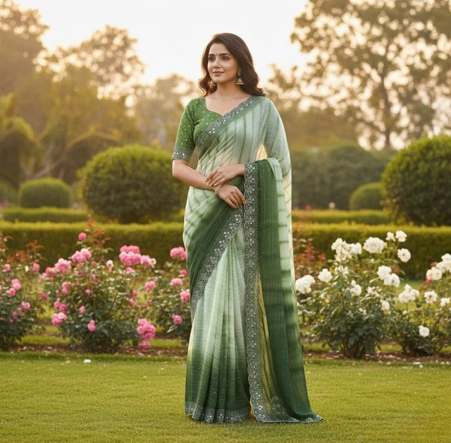 Snuggle SpotWomen's Georgette Striped Saree With Unstitched Blouse 5.5Mtr (Green)