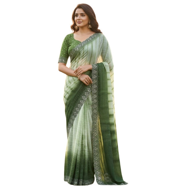 Snuggle SpotWomen's Georgette Striped Saree With Unstitched Blouse 5.5Mtr (Green)