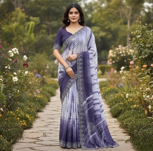 Snuggle SpotWomen's Georgette Striped Saree With Unstitched Blouse 5.5Mtr (Purple)