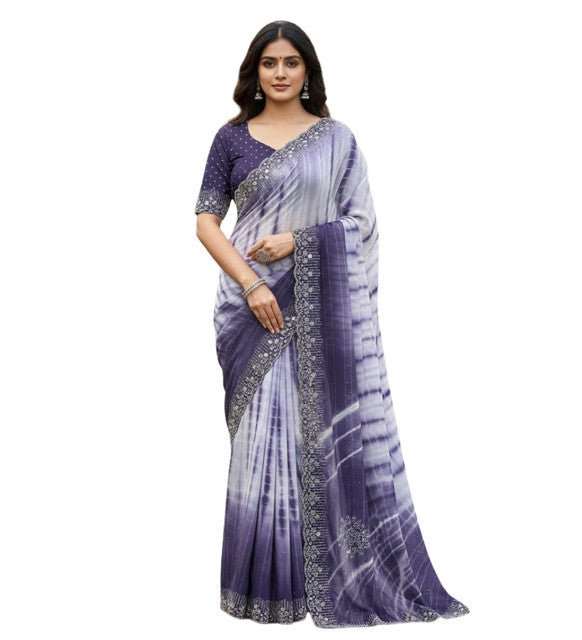 Snuggle SpotWomen's Georgette Striped Saree With Unstitched Blouse 5.5Mtr (Purple)