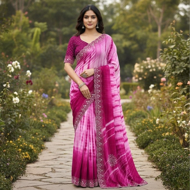 Snuggle SpotWomen's Georgette Striped Saree With Unstitched Blouse 5.5Mtr (Pink)