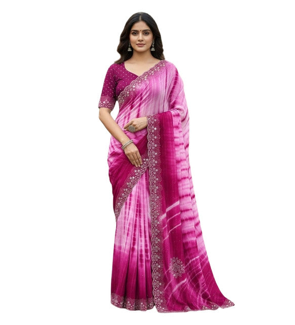 Snuggle SpotWomen's Georgette Striped Saree With Unstitched Blouse 5.5Mtr (Pink)