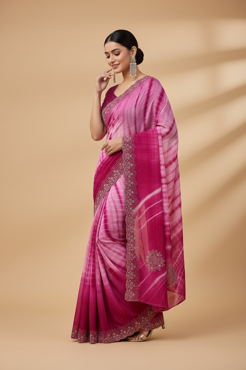 Snuggle Spot Women's Georgette Striped Saree With Unstitched Blouse 5.5Mtr (Pink)