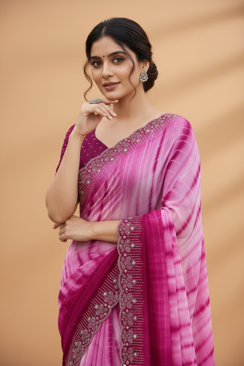 Snuggle Spot Women's Georgette Striped Saree With Unstitched Blouse 5.5Mtr (Pink)