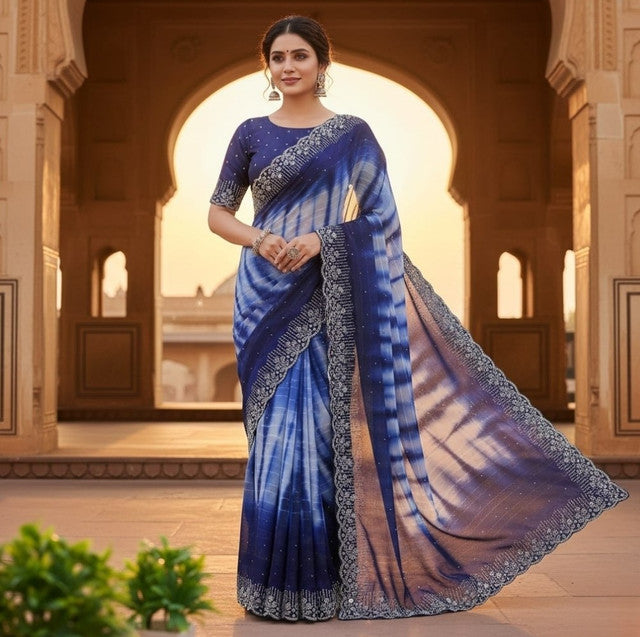 Snuggle SpotWomen's Georgette Striped Saree With Unstitched Blouse 5.5Mtr (Navy Blue)