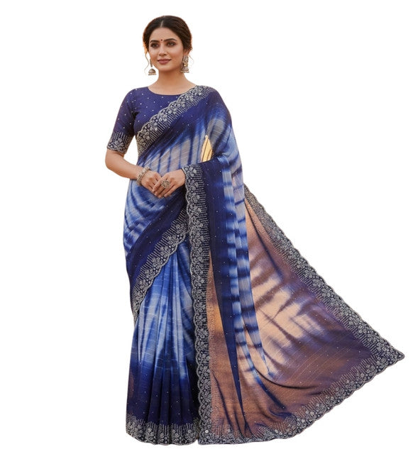 Snuggle SpotWomen's Georgette Striped Saree With Unstitched Blouse 5.5Mtr (Navy Blue)