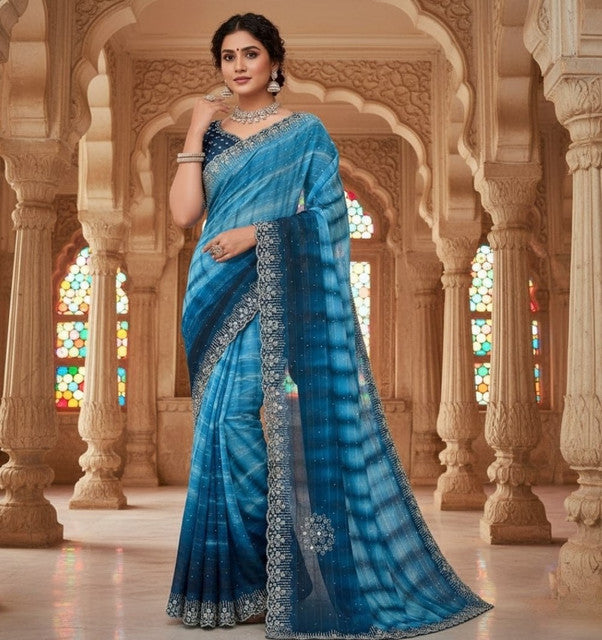 Snuggle SpotWomen's Georgette Striped Saree With Unstitched Blouse 5.5Mtr (Blue)