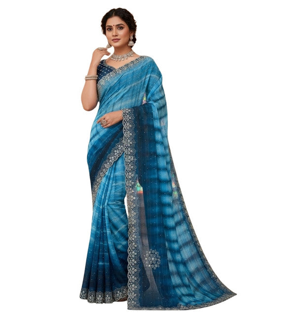 Snuggle SpotWomen's Georgette Striped Saree With Unstitched Blouse 5.5Mtr (Blue)