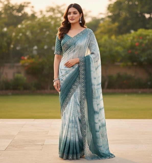 Snuggle SpotWomen's Georgette Striped Saree With Unstitched Blouse 5.5Mtr (Ice blue)