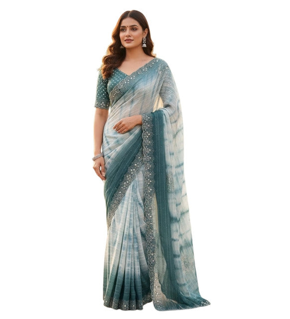 Snuggle SpotWomen's Georgette Striped Saree With Unstitched Blouse 5.5Mtr (Ice blue)