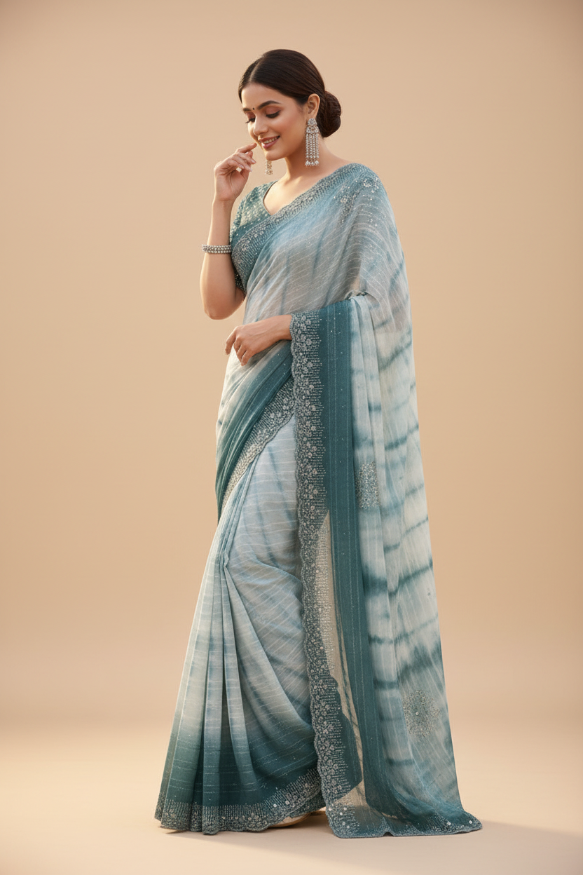 Snuggle Spot Women's Georgette Striped Saree With Unstitched Blouse 5.5Mtr (Ice blue)
