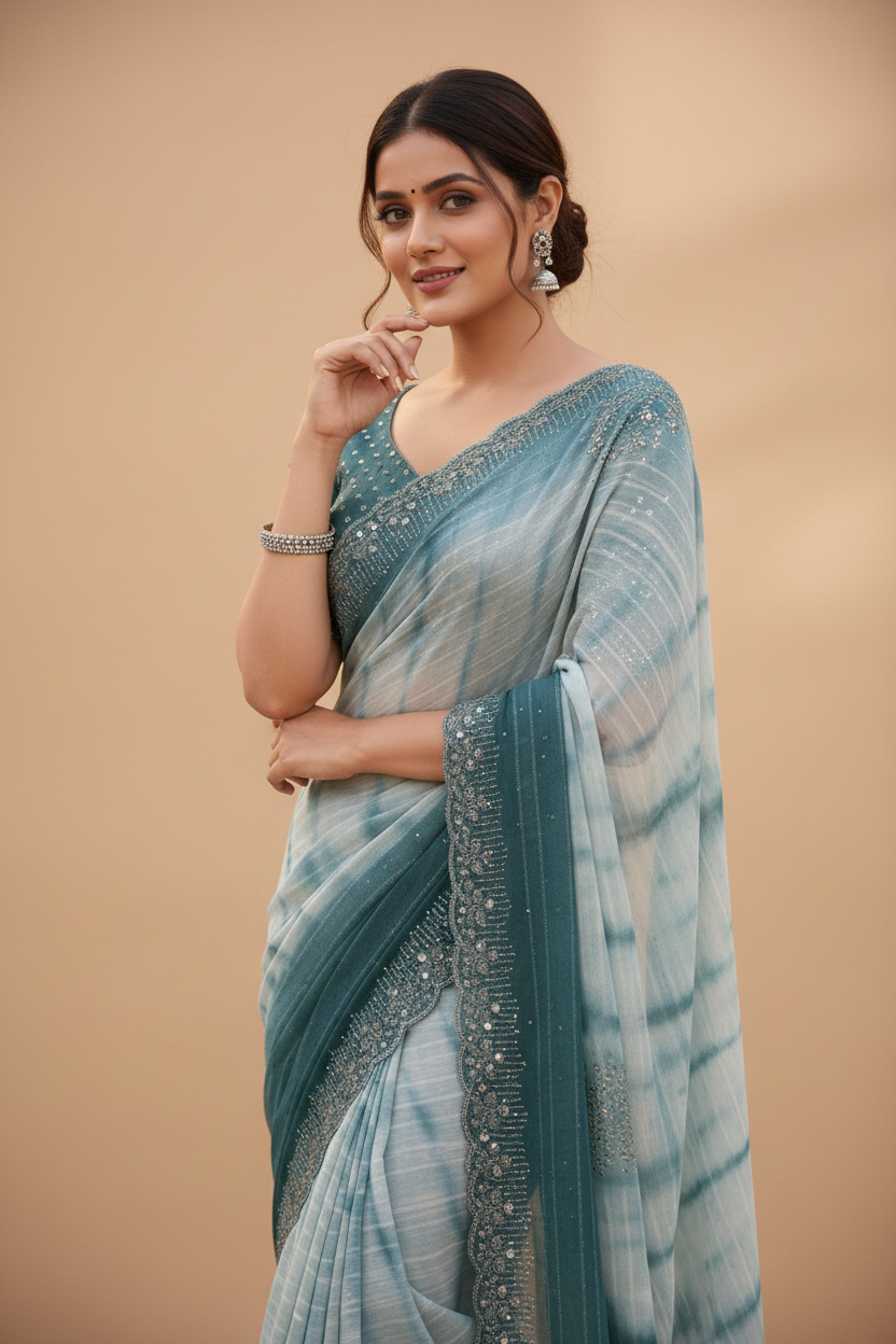 Snuggle Spot Women's Georgette Striped Saree With Unstitched Blouse 5.5Mtr (Ice blue)
