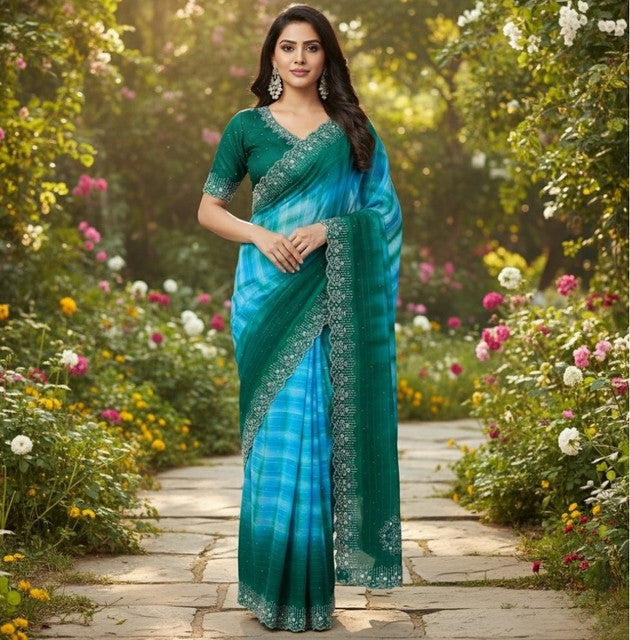 Snuggle SpotWomen's Georgette Striped Saree With Unstitched Blouse 5.5Mtr (Turquoise)