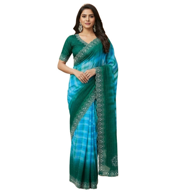 Snuggle SpotWomen's Georgette Striped Saree With Unstitched Blouse 5.5Mtr (Turquoise)