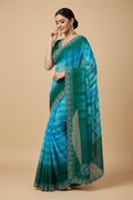 Snuggle Spot Women's Georgette Striped Saree With Unstitched Blouse 5.5Mtr (Turquoise)