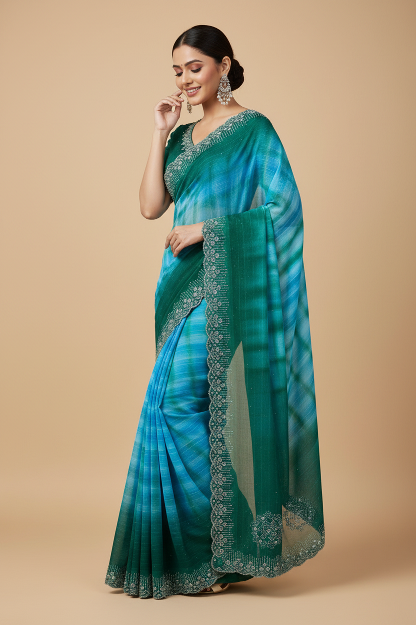 Snuggle Spot Women's Georgette Striped Saree With Unstitched Blouse 5.5Mtr (Turquoise)