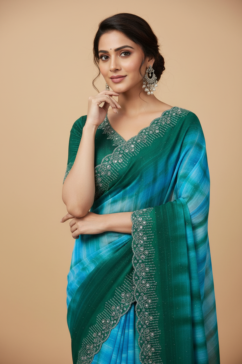 Snuggle Spot Women's Georgette Striped Saree With Unstitched Blouse 5.5Mtr (Turquoise)