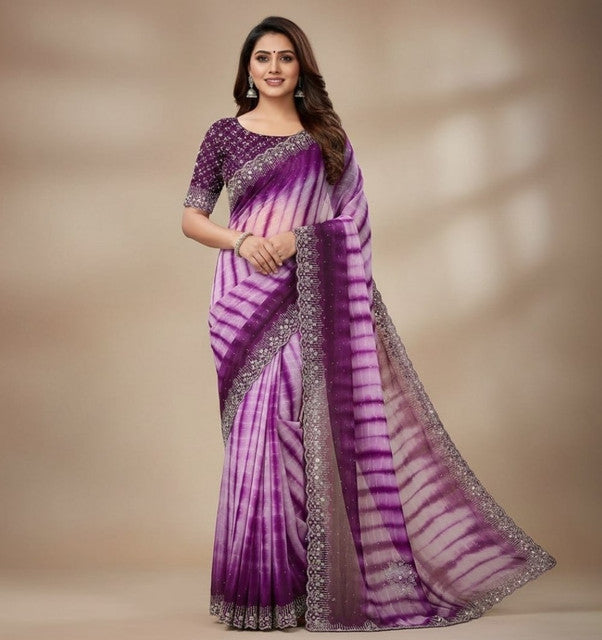 Snuggle SpotWomen's Georgette Striped Saree With Unstitched Blouse 5.5Mtr (Wine)