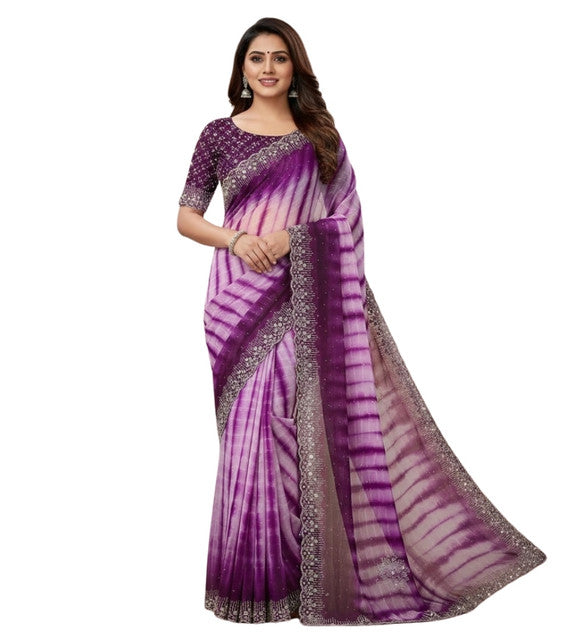 Snuggle SpotWomen's Georgette Striped Saree With Unstitched Blouse 5.5Mtr (Wine)