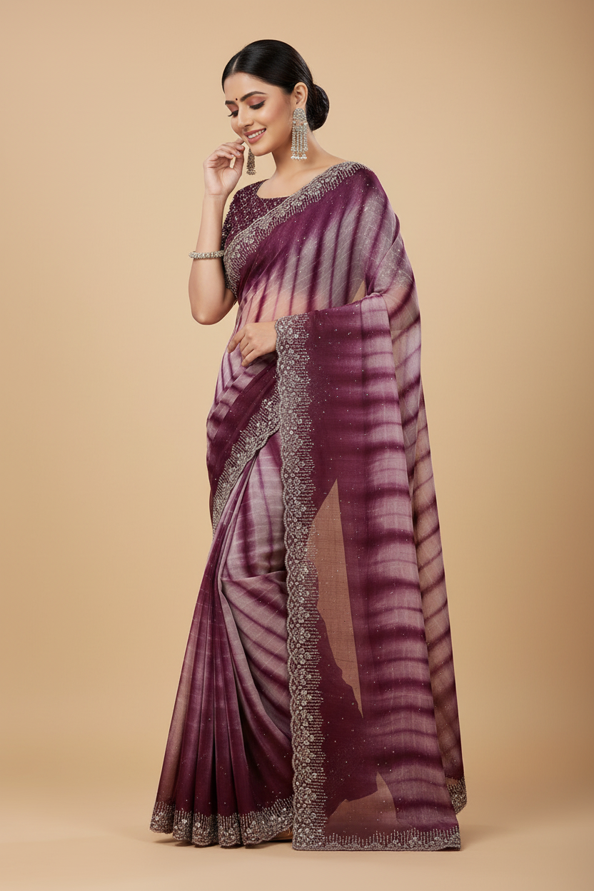 Snuggle Spot Women's Georgette Striped Saree With Unstitched Blouse 5.5Mtr (Wine)