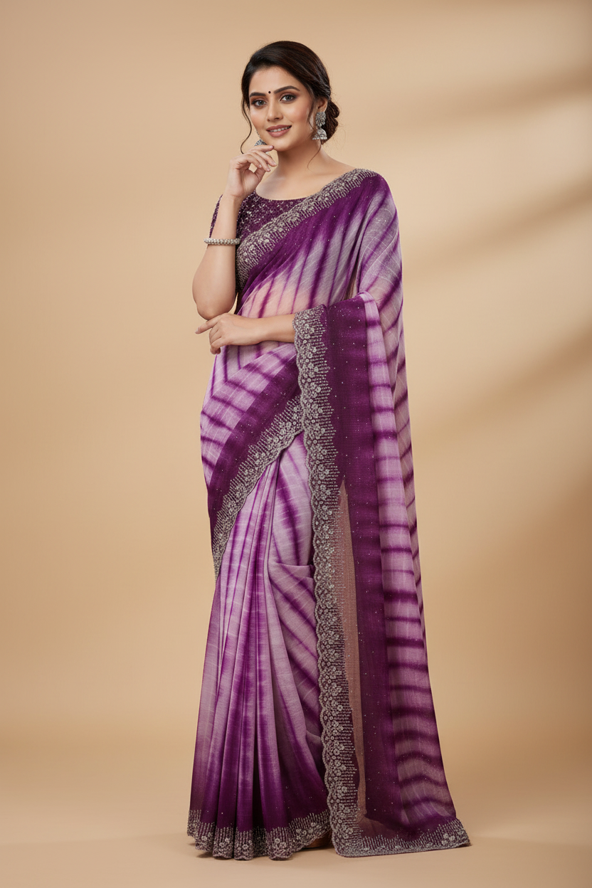Snuggle Spot Women's Georgette Striped Saree With Unstitched Blouse 5.5Mtr (Wine)
