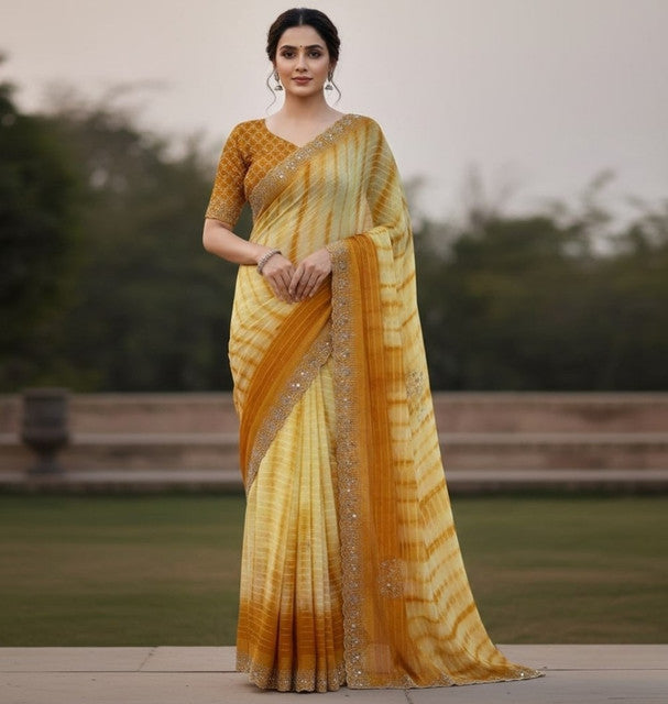 Snuggle SpotWomen's Georgette Striped Saree With Unstitched Blouse 5.5Mtr (Yellow)