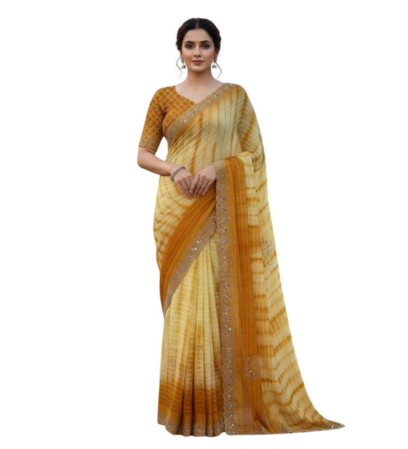 Snuggle SpotWomen's Georgette Striped Saree With Unstitched Blouse 5.5Mtr (Yellow)