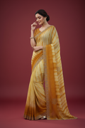 Snuggle Spot Women's Georgette Striped Saree With Unstitched Blouse 5.5Mtr (Yellow)