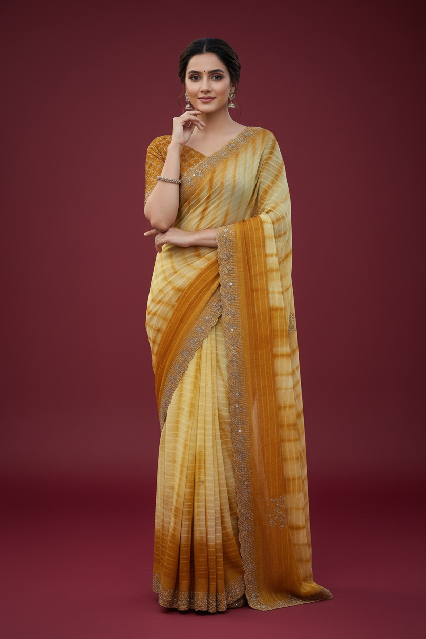 Snuggle Spot Women's Georgette Striped Saree With Unstitched Blouse 5.5Mtr (Yellow)