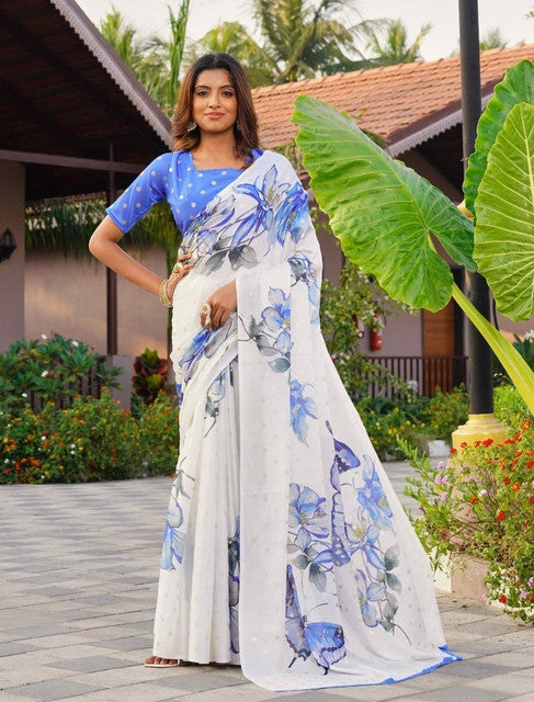 Snuggle SpotWomen's Georgette Floral & Butterfly Printed Saree With Unstitched Blouse 5.5Mtr (Off White-Blue)