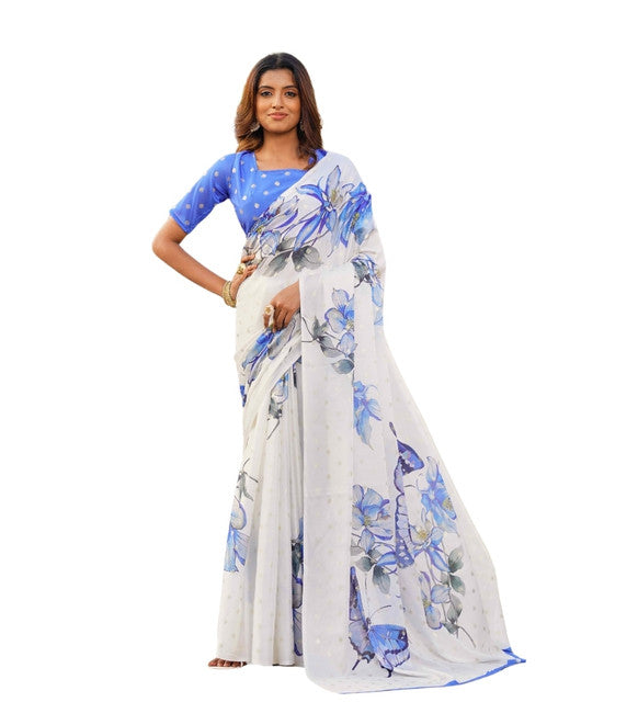 Snuggle SpotWomen's Georgette Floral & Butterfly Printed Saree With Unstitched Blouse 5.5Mtr (Off White-Blue)