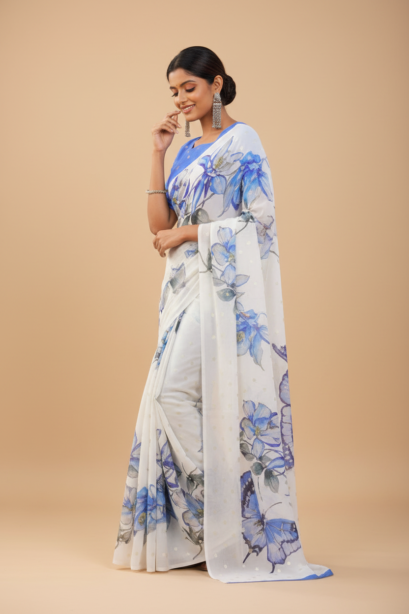 Snuggle Spot Women's Georgette Floral & Butterfly Printed Saree With Unstitched Blouse 5.5Mtr (Off White-Blue)