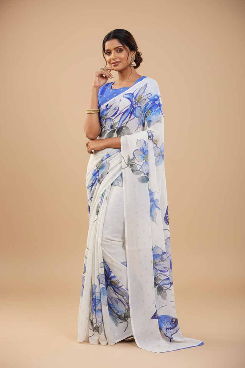 Snuggle Spot Women's Georgette Floral & Butterfly Printed Saree With Unstitched Blouse 5.5Mtr (Off White-Blue)