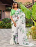 Snuggle SpotWomen's Georgette Floral & Butterfly Printed Saree With Unstitched Blouse 5.5Mtr (Off White-Green)