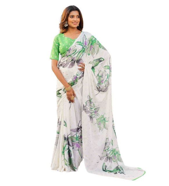 Snuggle SpotWomen's Georgette Floral & Butterfly Printed Saree With Unstitched Blouse 5.5Mtr (Off White-Green)