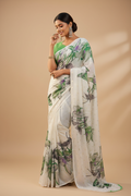 Snuggle Spot Women's Georgette Floral & Butterfly Printed Saree With Unstitched Blouse 5.5Mtr (Off White-Green)