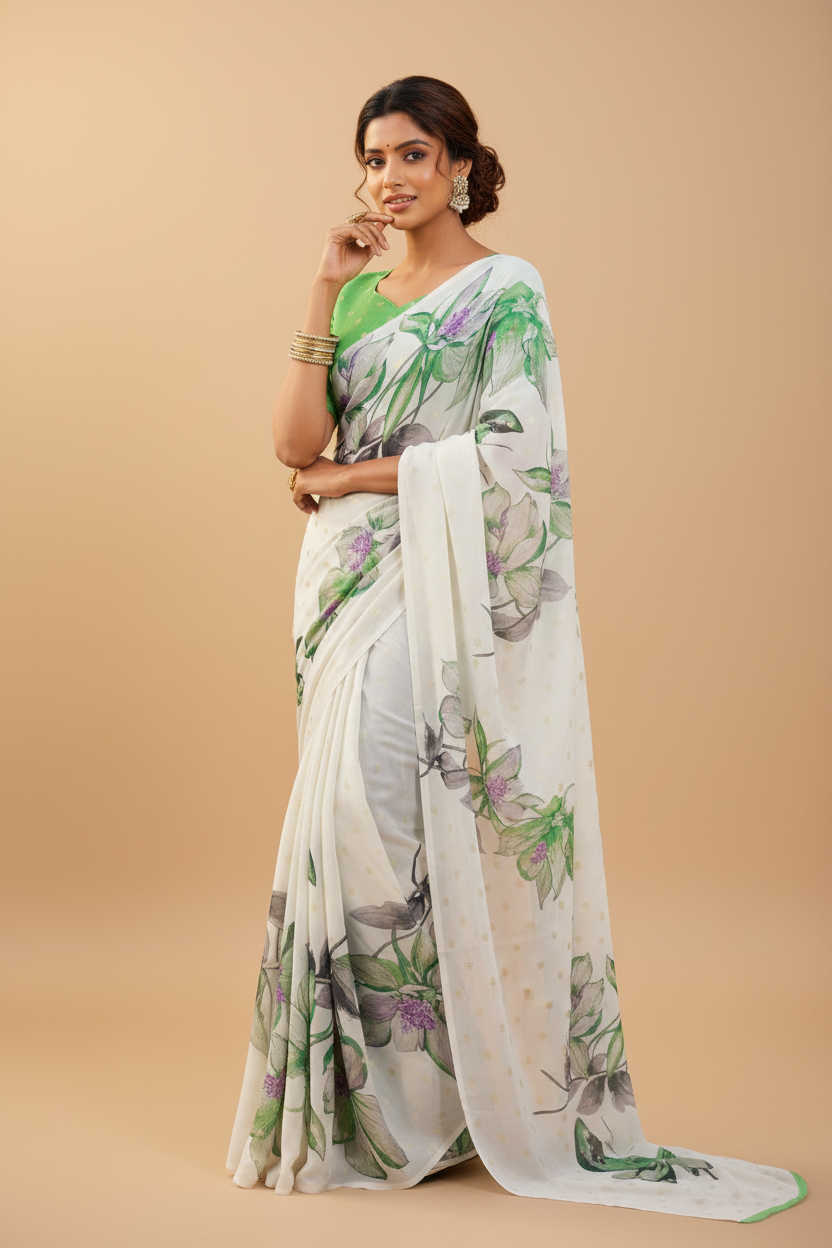 Snuggle Spot Women's Georgette Floral & Butterfly Printed Saree With Unstitched Blouse 5.5Mtr (Off White-Green)