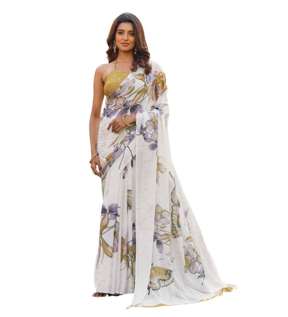 Snuggle SpotWomen's Georgette Floral & Butterfly Printed Saree With Unstitched Blouse 5.5Mtr (Off White-Mustard)