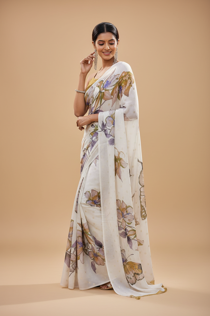 Snuggle Spot Women's Georgette Floral & Butterfly Printed Saree With Unstitched Blouse 5.5Mtr (Off White-Mustard)