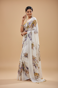 Snuggle Spot Women's Georgette Floral & Butterfly Printed Saree With Unstitched Blouse 5.5Mtr (Off White-Mustard)
