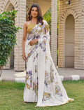 Snuggle SpotWomen's Georgette Floral & Butterfly Printed Saree With Unstitched Blouse 5.5Mtr (Off White-Mustard)