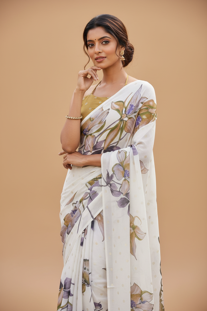Snuggle Spot Women's Georgette Floral & Butterfly Printed Saree With Unstitched Blouse 5.5Mtr (Off White-Mustard)