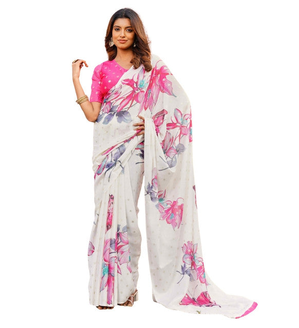Snuggle SpotWomen's Georgette Floral & Butterfly Printed Saree With Unstitched Blouse 5.5Mtr (Off White-Pink)
