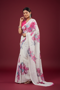 Snuggle Spot Women's Georgette Floral & Butterfly Printed Saree With Unstitched Blouse 5.5Mtr (Off White-Pink)
