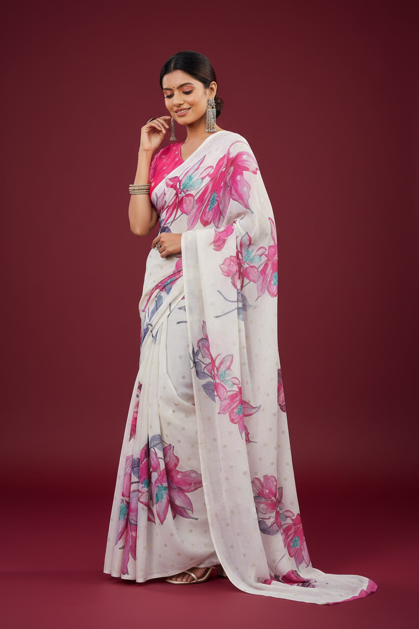 Snuggle Spot Women's Georgette Floral & Butterfly Printed Saree With Unstitched Blouse 5.5Mtr (Off White-Pink)
