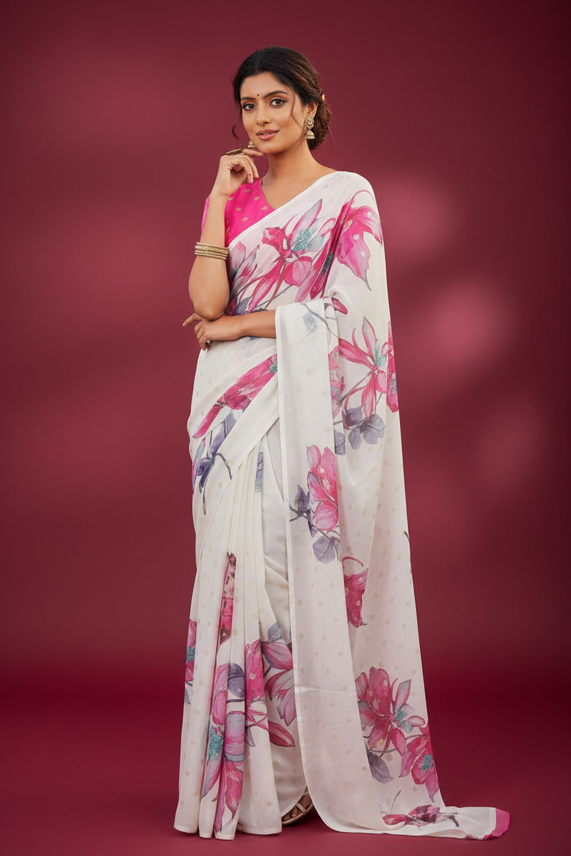 Snuggle Spot Women's Georgette Floral & Butterfly Printed Saree With Unstitched Blouse 5.5Mtr (Off White-Pink)