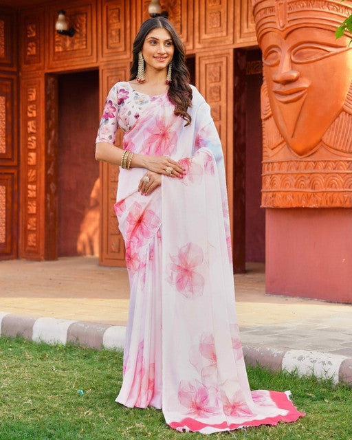 Snuggle SpotWomen's Georgette Floral Printed Saree With Unstitched Blouse 5.5Mtr (Off White-Pink)