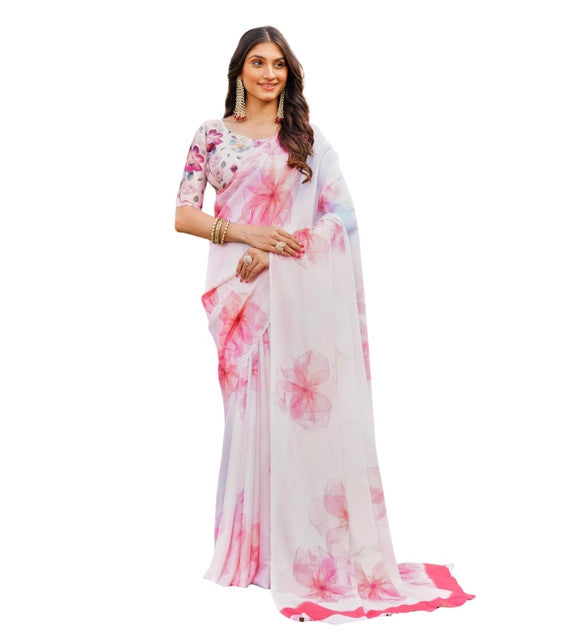Snuggle SpotWomen's Georgette Floral Printed Saree With Unstitched Blouse 5.5Mtr (Off White-Pink)