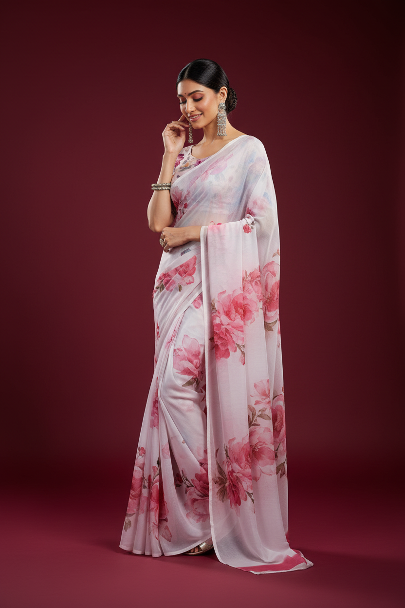 Snuggle Spot Women's Georgette Floral Printed Saree With Unstitched Blouse 5.5Mtr (Off White-Pink)