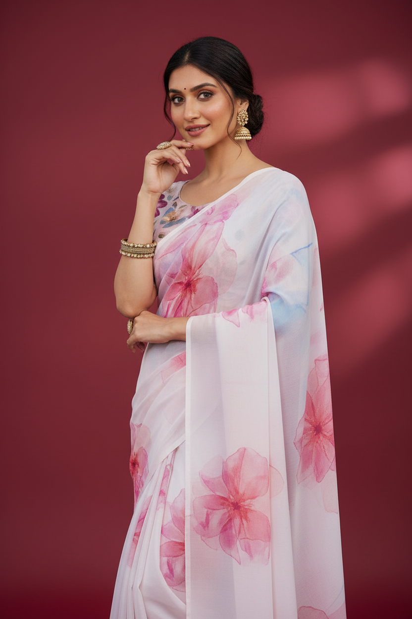 Snuggle Spot Women's Georgette Floral Printed Saree With Unstitched Blouse 5.5Mtr (Off White-Pink)